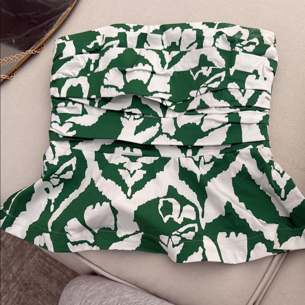 White House Black Market Green and White Strapless Top
